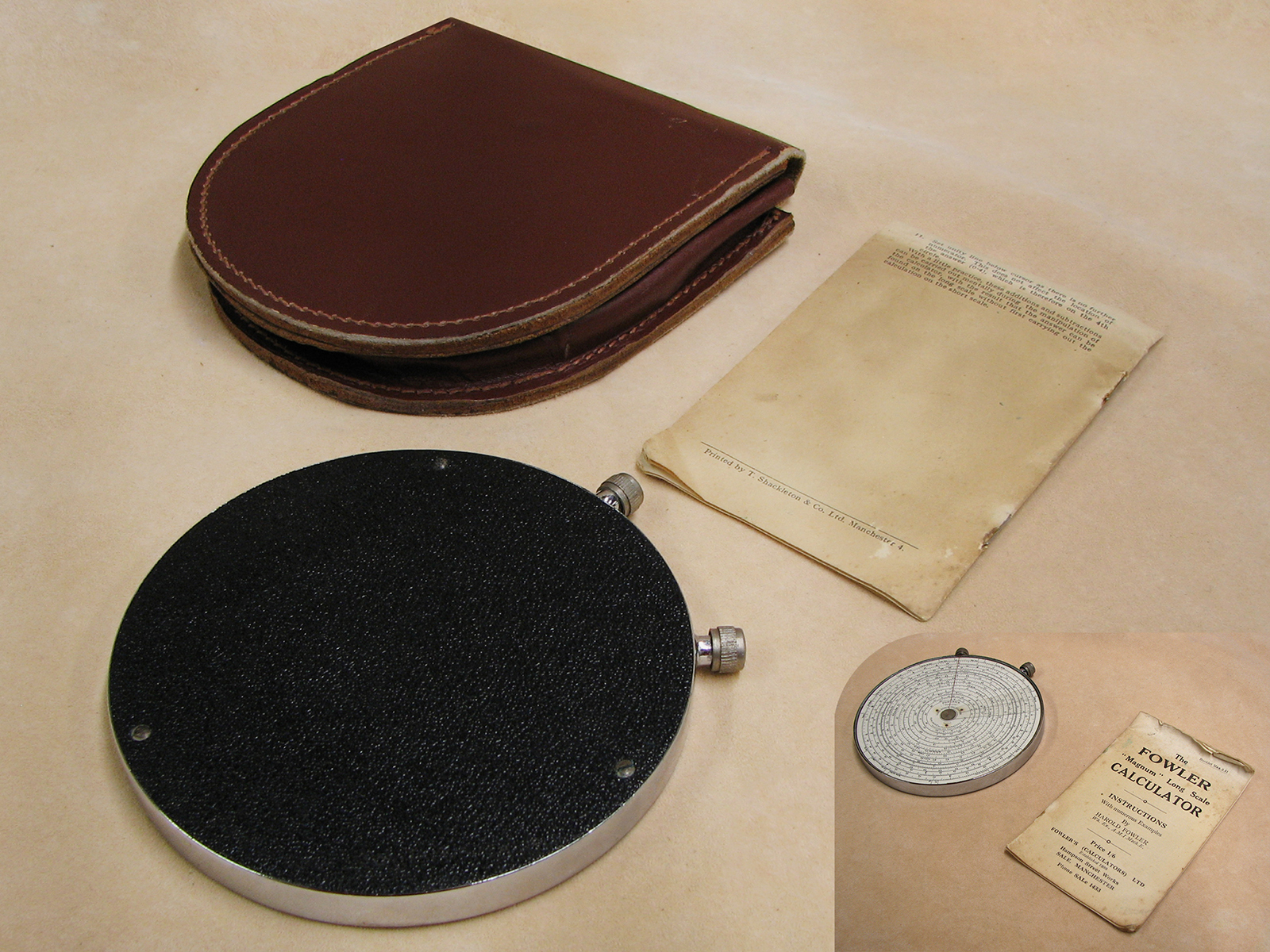1930s Fowler's Magnum Long Scale calculator in leather case